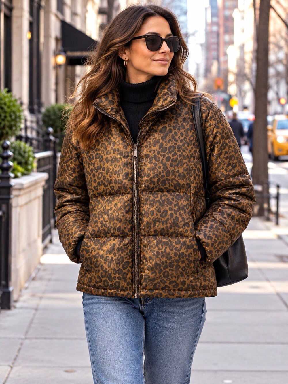 Women’s Leopard Animal Print Puffer Jacket XL Brown Black Full Zip
